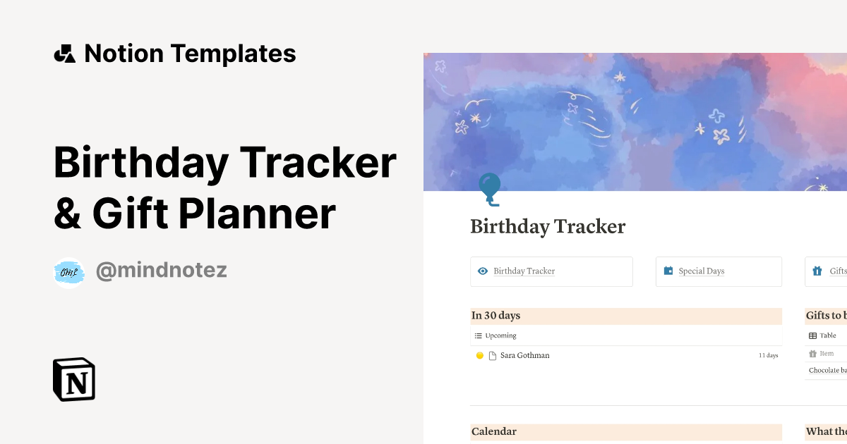 Birthday Tracker Gift Planner Template by MindNotez OurMindfulLife