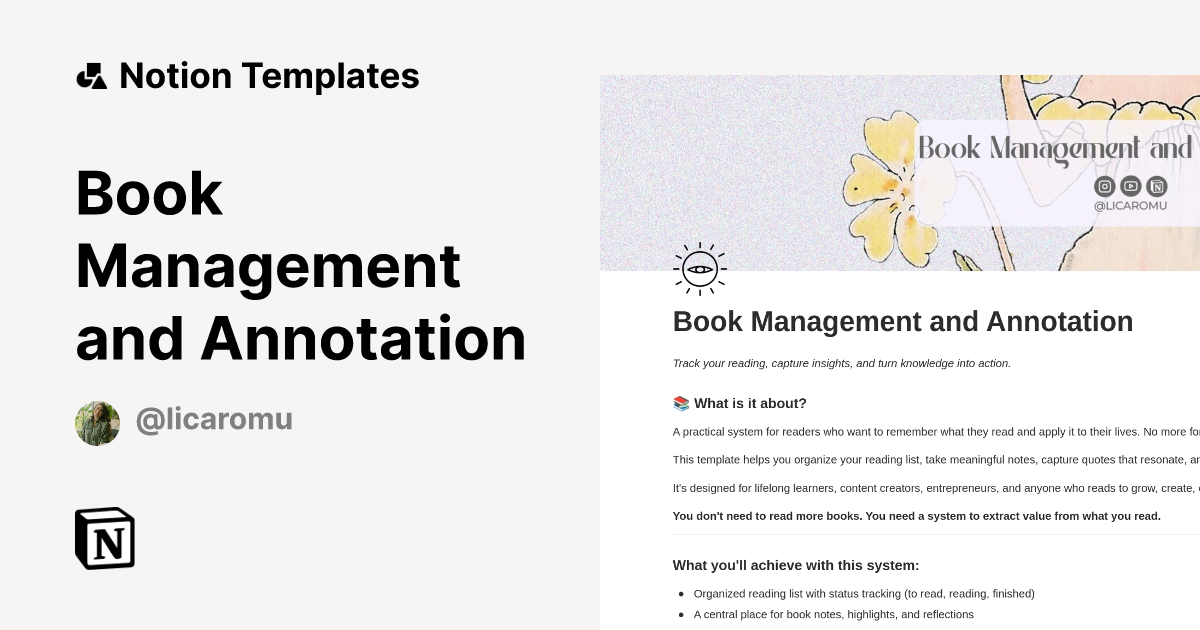 Book Management and Annotation Template by Licaromu | Notion Marketplace