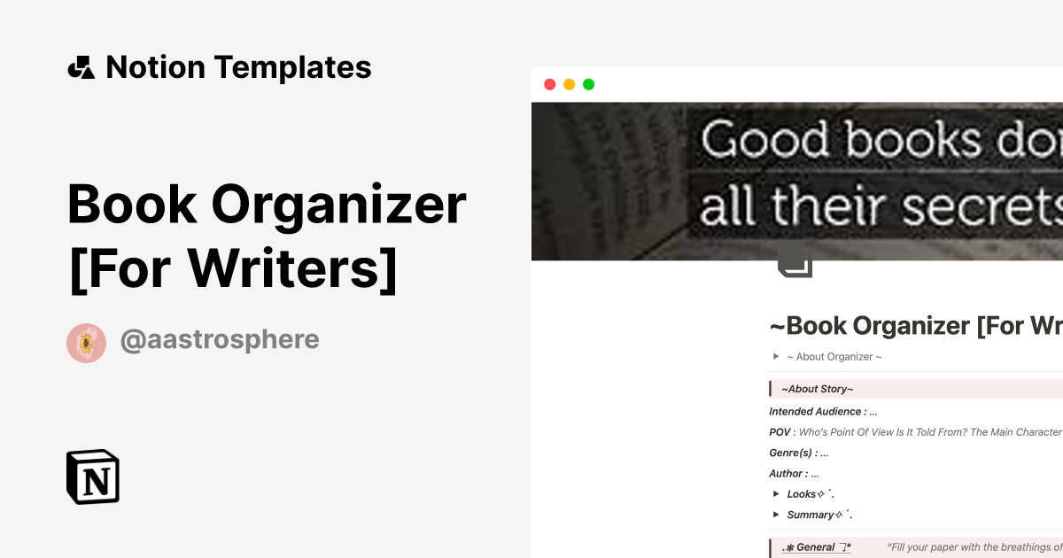 Book Organizer [For Writers] Template | Notion Marketplace