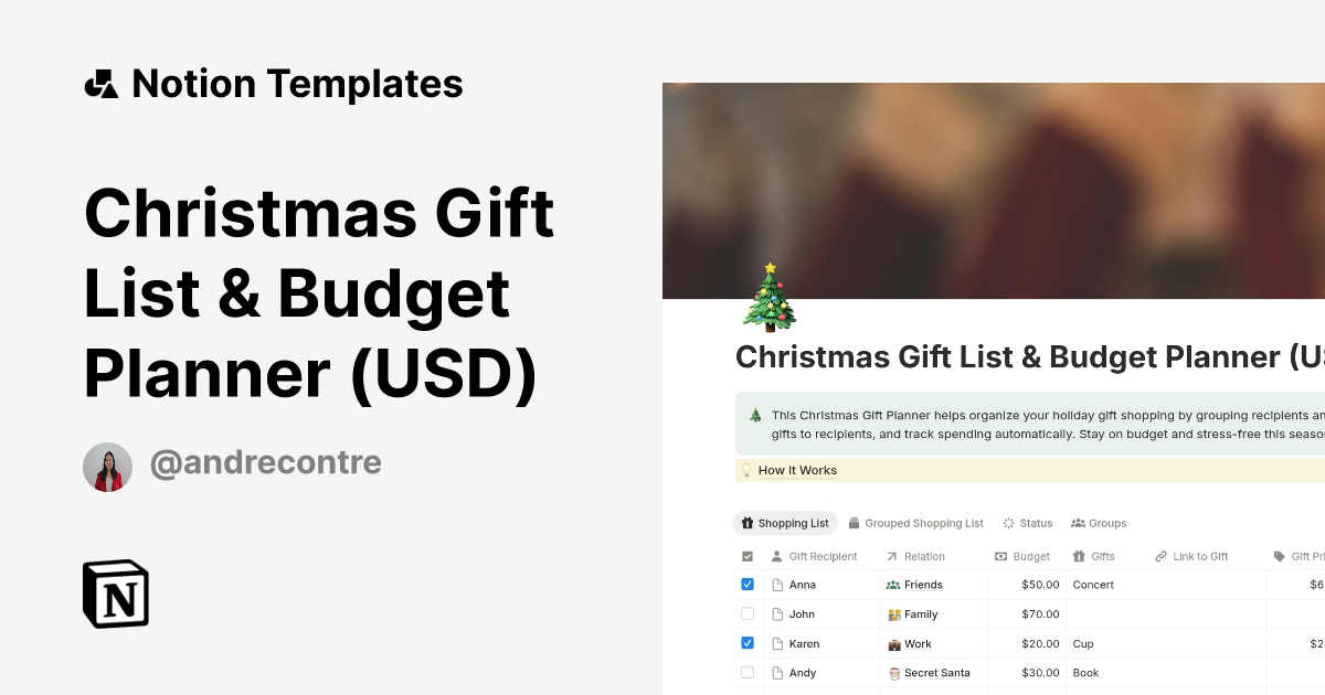 Christmas Gift List & Budget Planner (USD) Template | Notion Marketplace