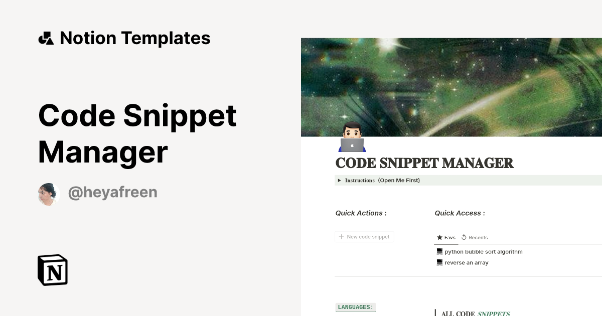 Code Snippet Manager Template by Afreen | Notion Marketplace