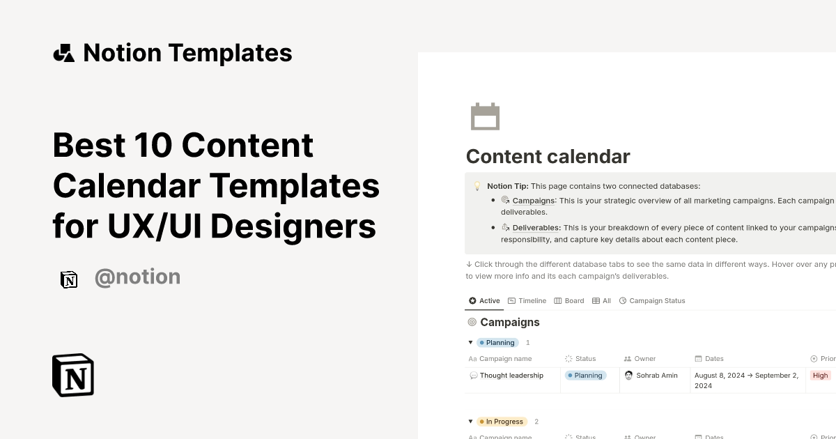 Best 10 Content Calendar Templates for UX/UI Designers | Notion ...