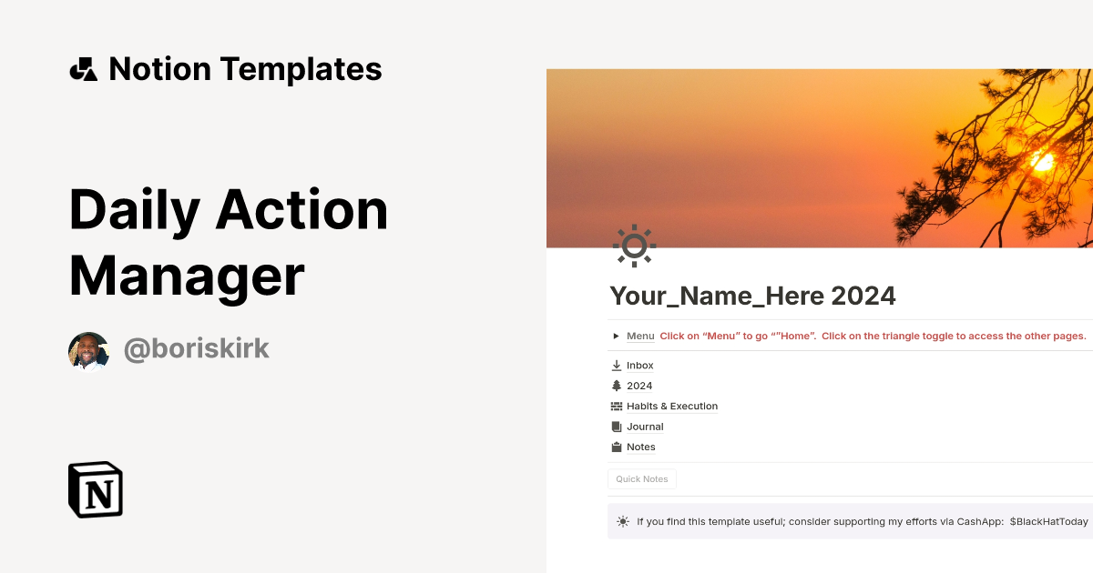 Daily Action Manager Template by Boris Kirk | Notion Marketplace