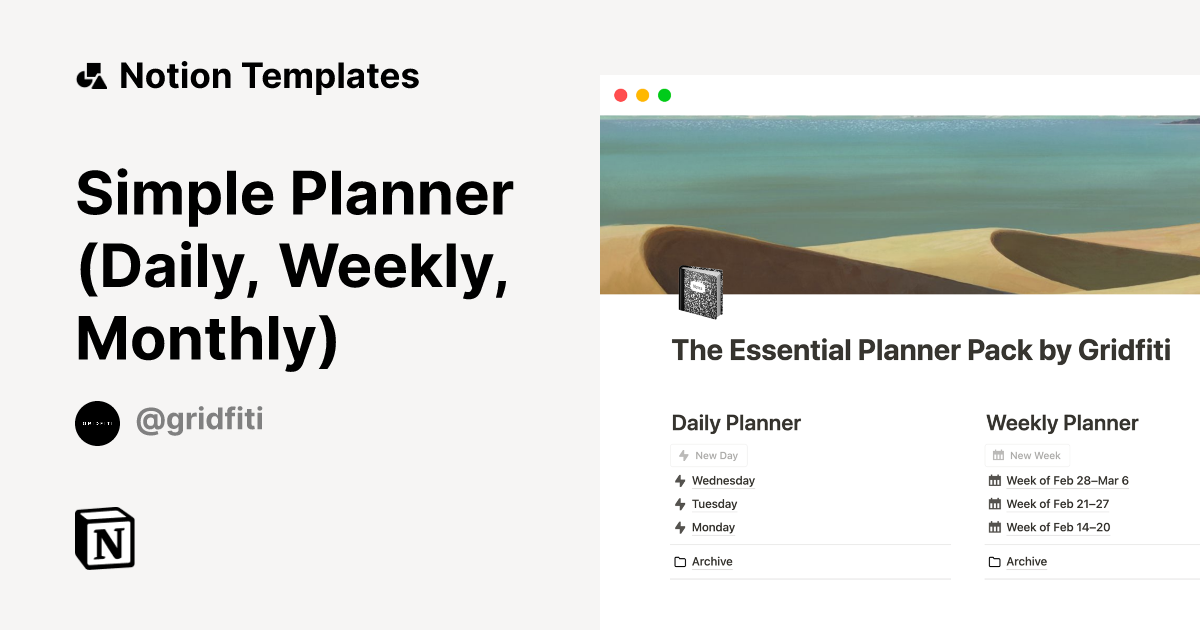 Simple Planner (Daily, Weekly, Monthly) Template by Gridfiti | Notion ...