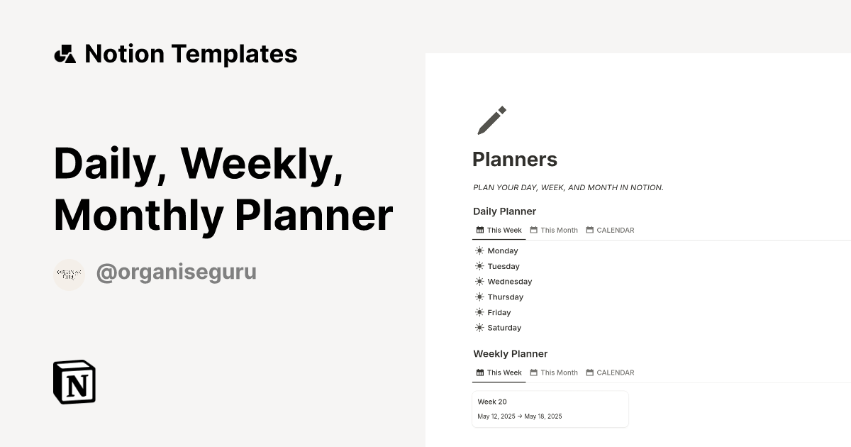 Daily, Weekly, Monthly Planner Template by OrganiseGuru | Notion ...