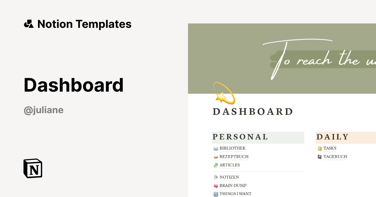 Dashboard Template by Juliane | Notion Marketplace