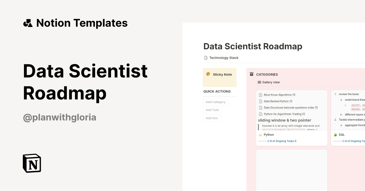 Data Scientist Roadmap Template By Plan With Gloria Notion Marketplace
