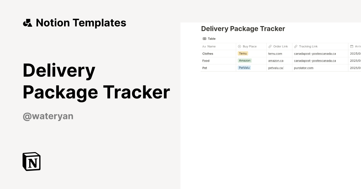 Delivery Package Tracker Template by Wateryan Notion Marketplace