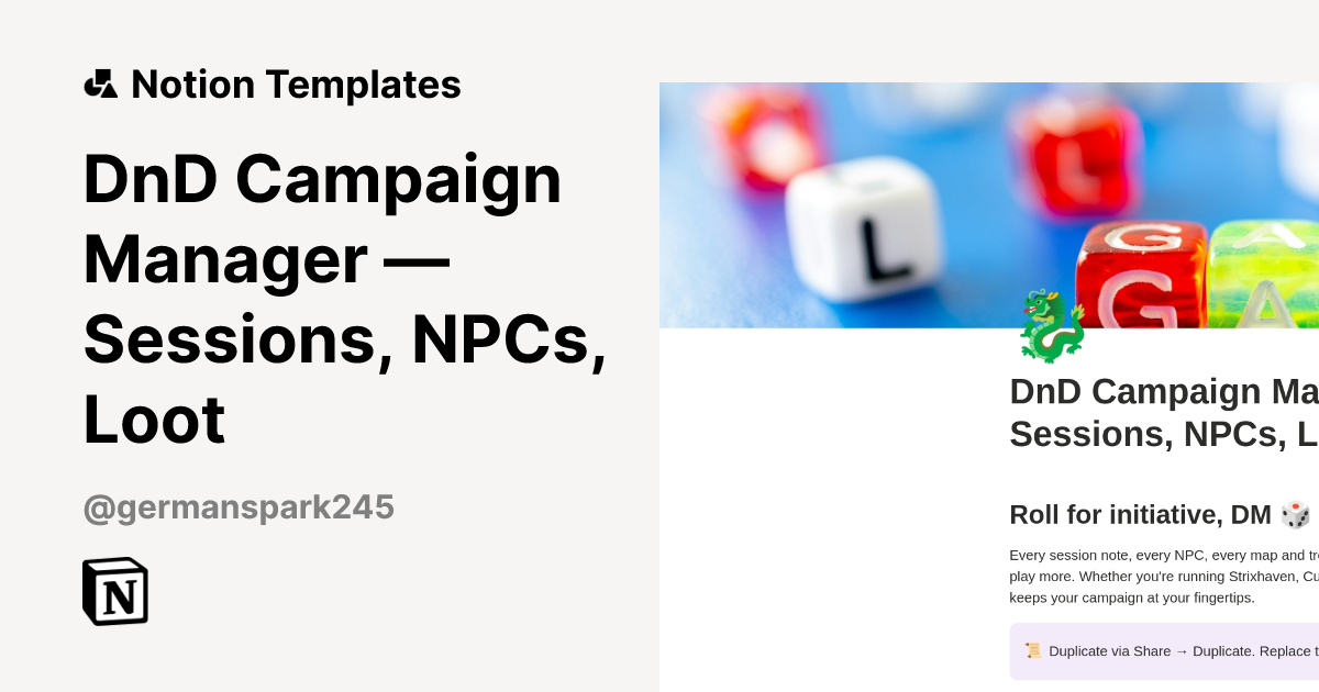 DnD Campaign Manager — Sessions, NPCs, Loot Template | Notion Marketplace