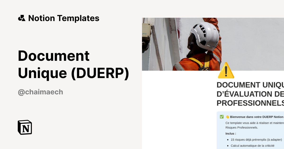 Document Unique (DUERP) Template by Chaimae CHAACHOUA | Notion Marketplace