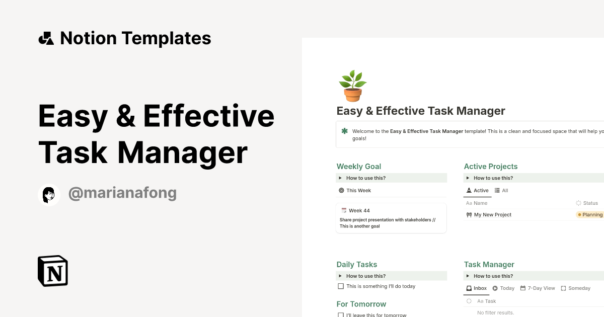 Easy & Effective Task Manager Template by Mariana Fong | Notion Marketplace