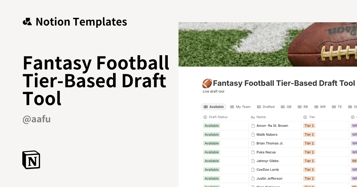 Fantasy Football Tier-Based Draft Tool Template by Aaron Fuchs | Notion ...