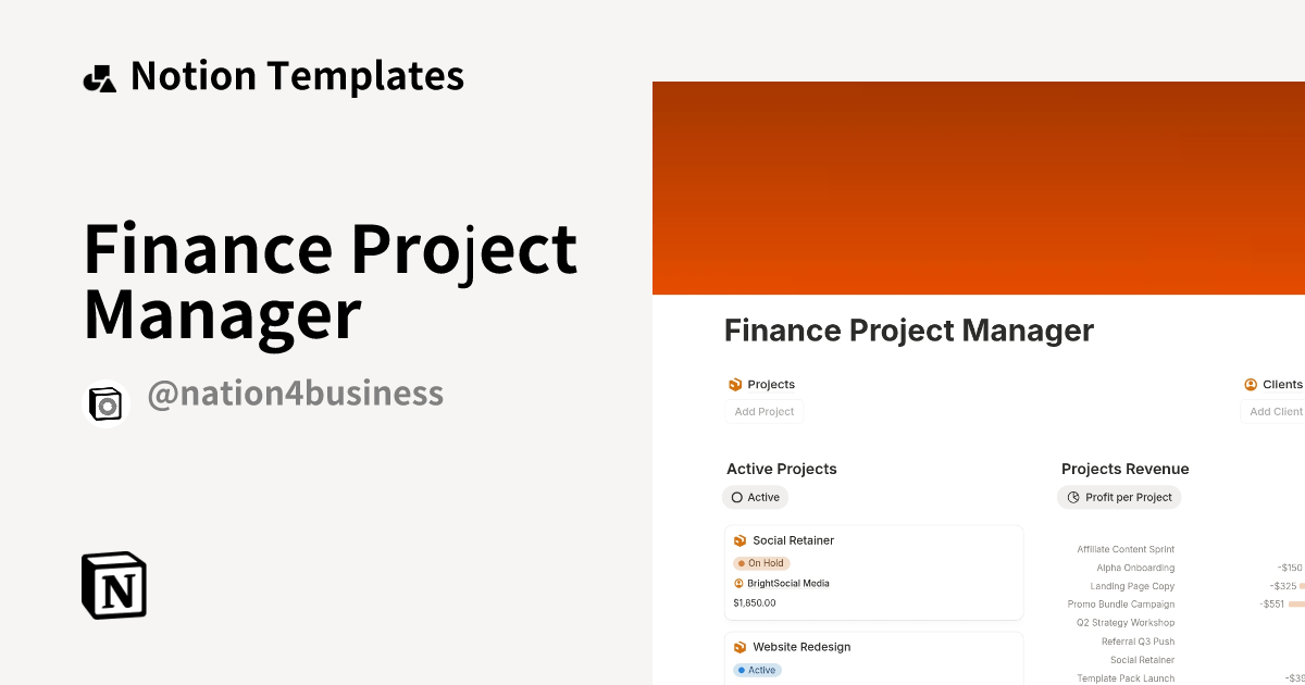 Finance Project Manager Template by Nation4Business | Notion Marketplace
