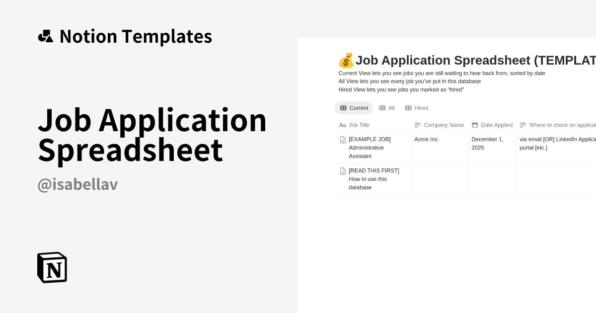 Job Application Spreadsheet Template by Isabella | Notion Marketplace