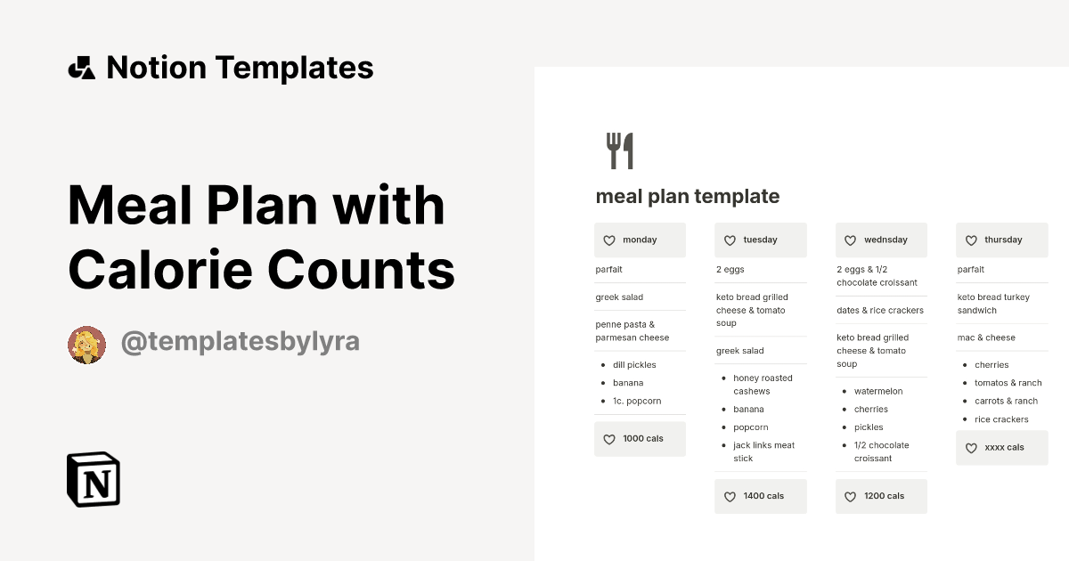 Meal Plan with Calorie Counts Template by templatesbylyra | Notion