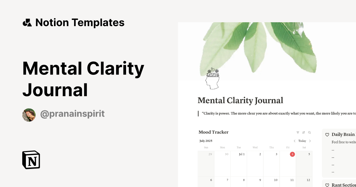 Mental Clarity Journal Template By Pranainspirit Notion Marketplace
