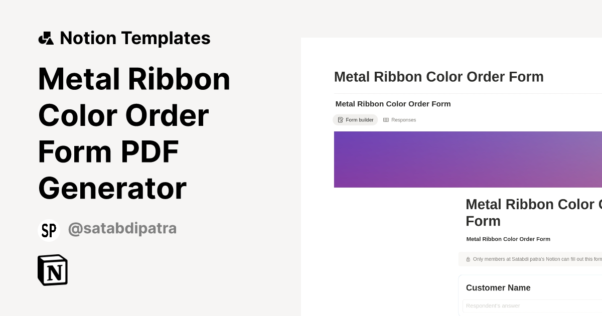 Metal Ribbon Color Order Form PDF Generator Template | Notion Marketplace