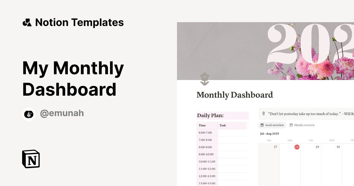 My Monthly Dashboard Template by Emunah | Notion Marketplace