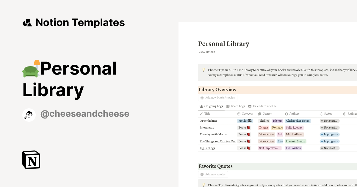 🛋️Personal Library Template by Cheese & Cheese | Notion Marketplace