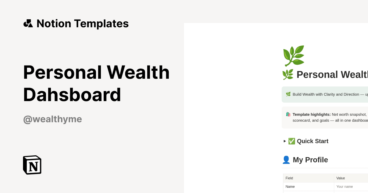 Personal Wealth Dahsboard Template by WealthyMe | Notion Marketplace