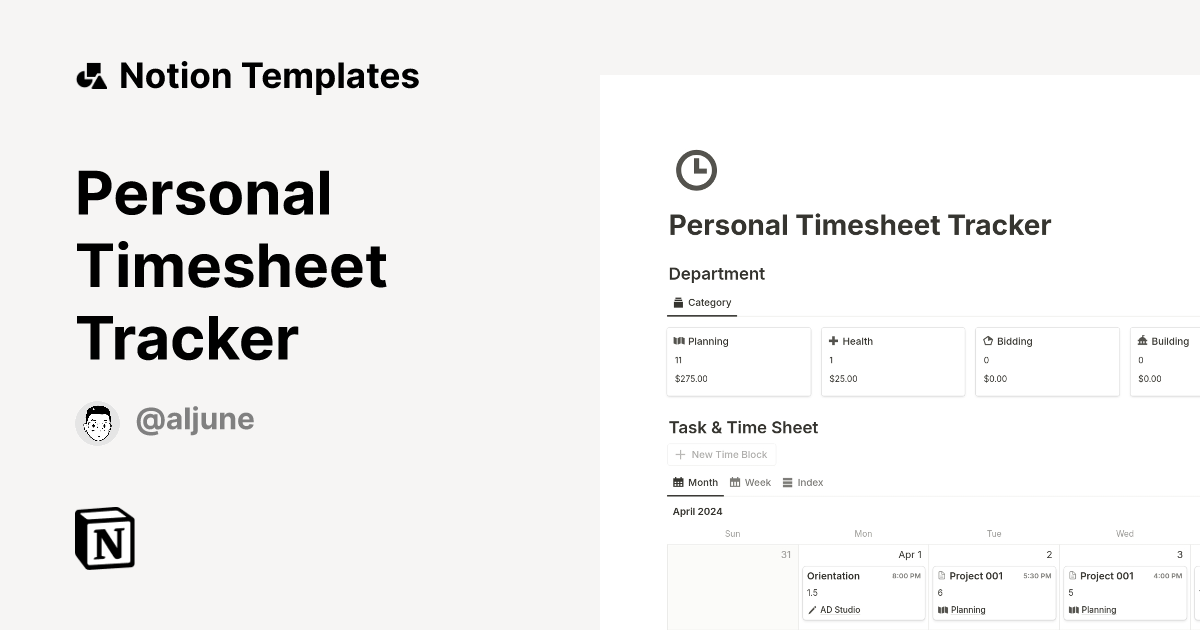 Personal timesheet tracker template by aljune notion marketplace