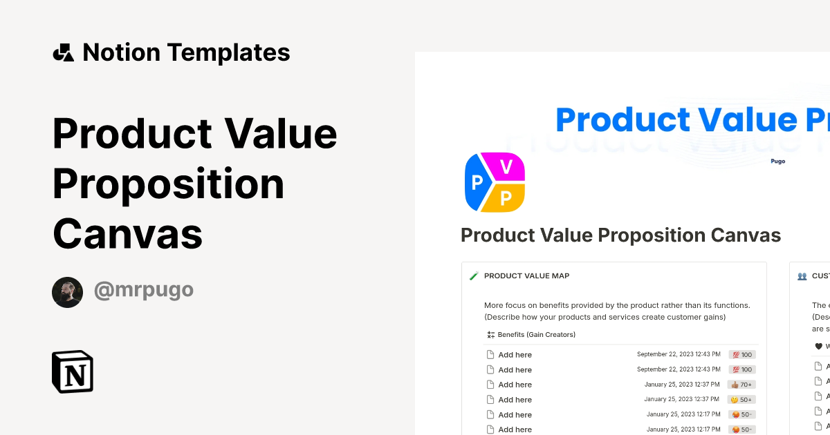 Product Value Proposition Canvas Template By Mrpugo Notion Marketplace