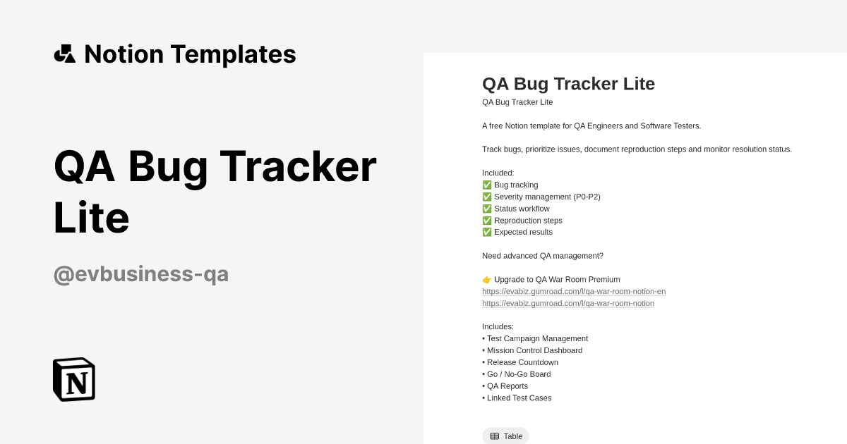 QA Bug Tracker Lite Template by EV Business — QA Templates | Notion ...
