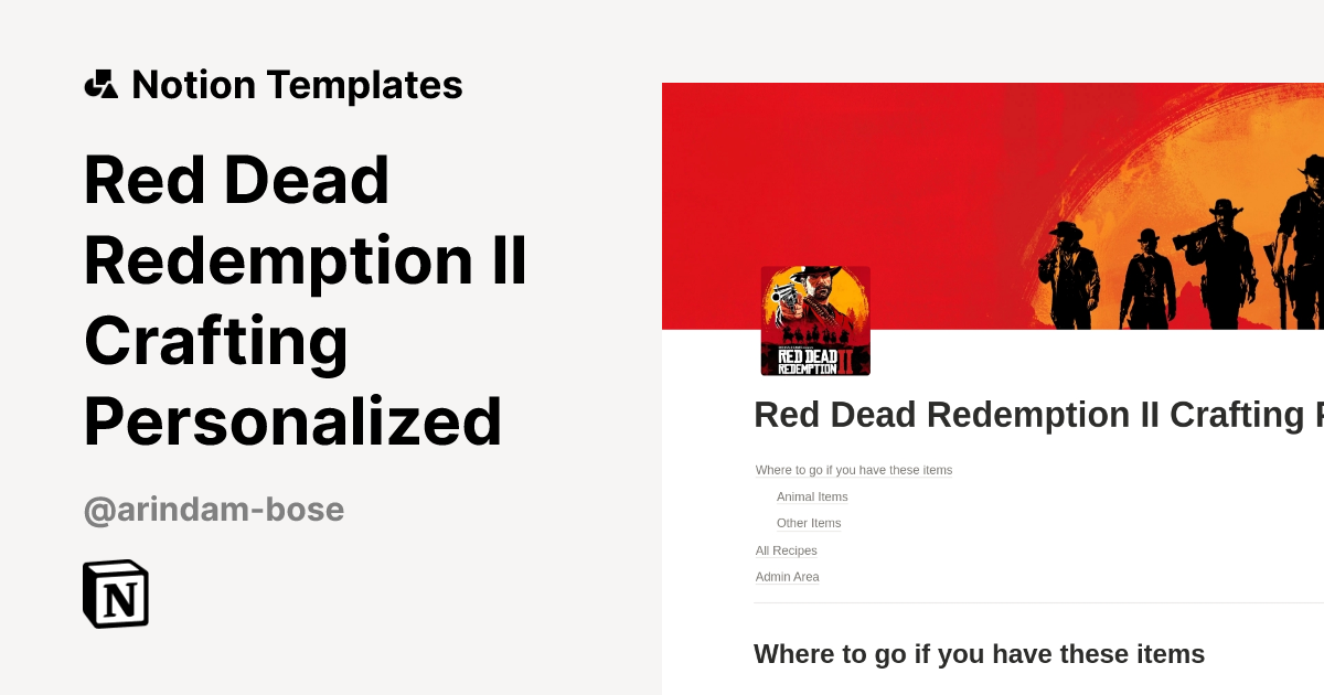 Red Dead Redemption II Crafting Personalized Template | Notion Marketplace