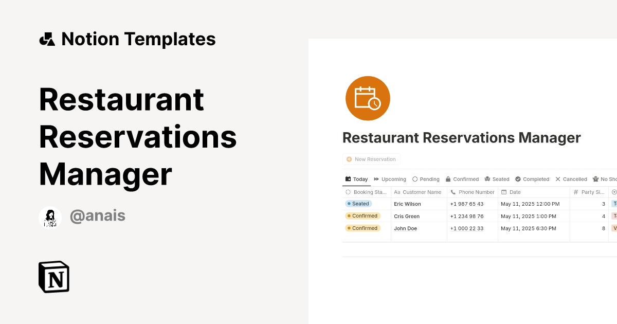 Restaurant Reservations Manager Template by Anaïs Notion Marketplace