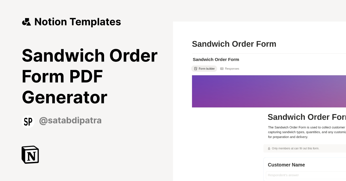 Sandwich Order Form PDF Generator Template by Satabdi Patra | Notion ...