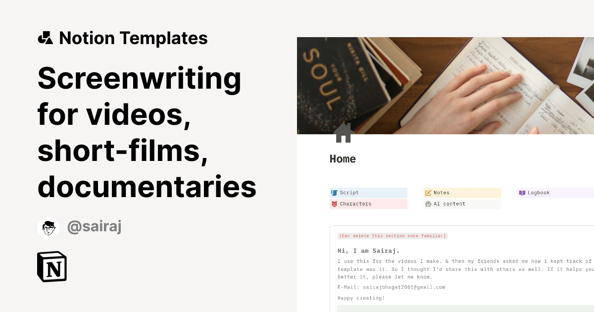 Screenwriting for videos, short-films, documentaries Template | Notion ...