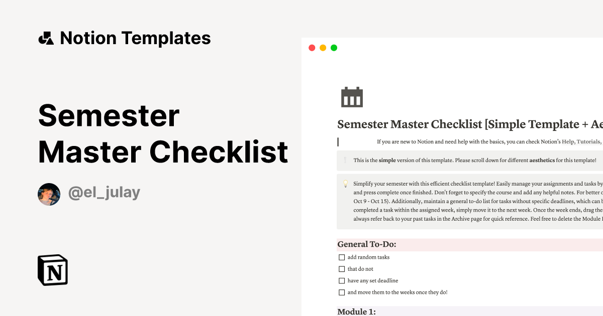 Semester Master Checklist Template by EL Julay | Notion Marketplace