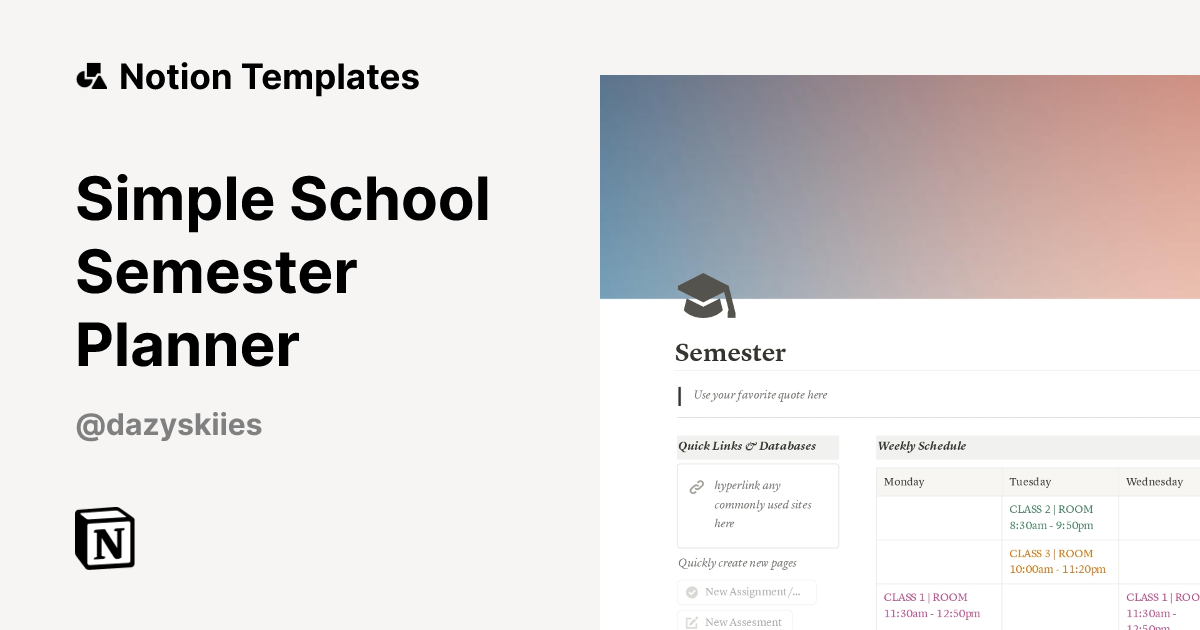Simple School Semester Planner Template by Dee | Notion Marketplace