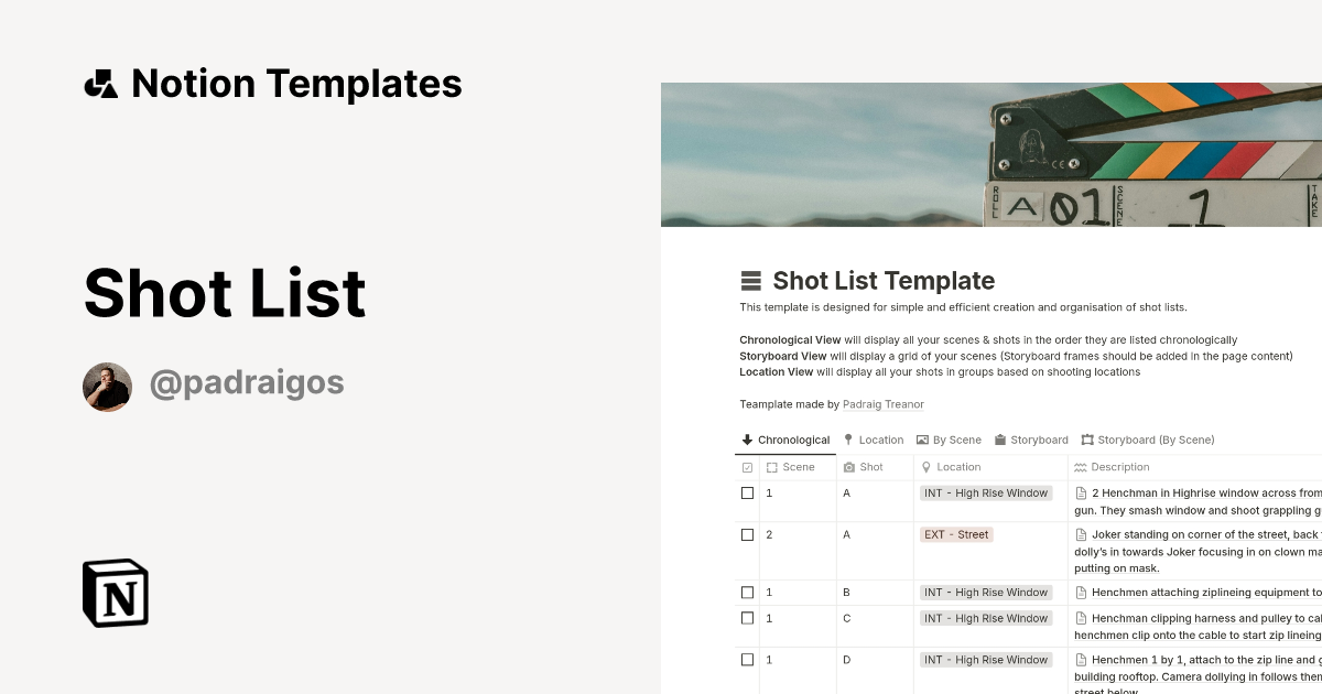 Shot List Template Notion Marketplace