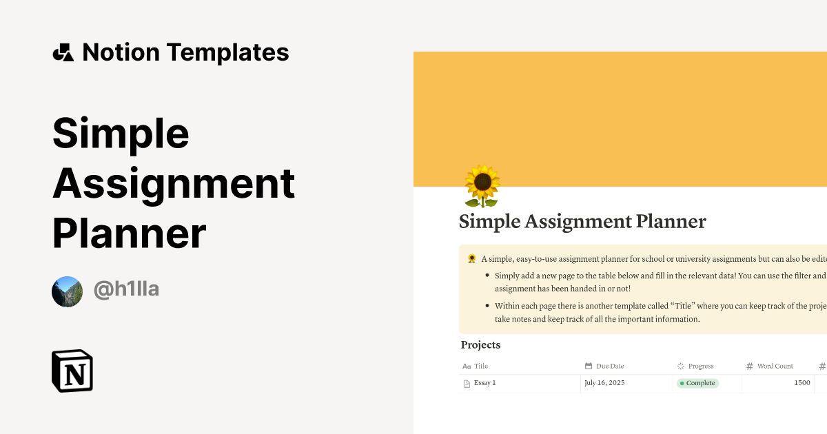 Simple Assignment Planner Template | Notion Marketplace