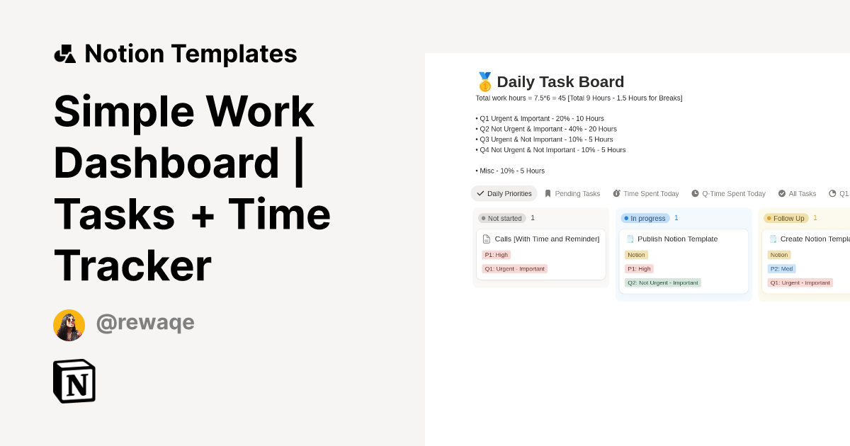 Simple Work Dashboard | Tasks + Time Tracker Template | Notion Marketplace