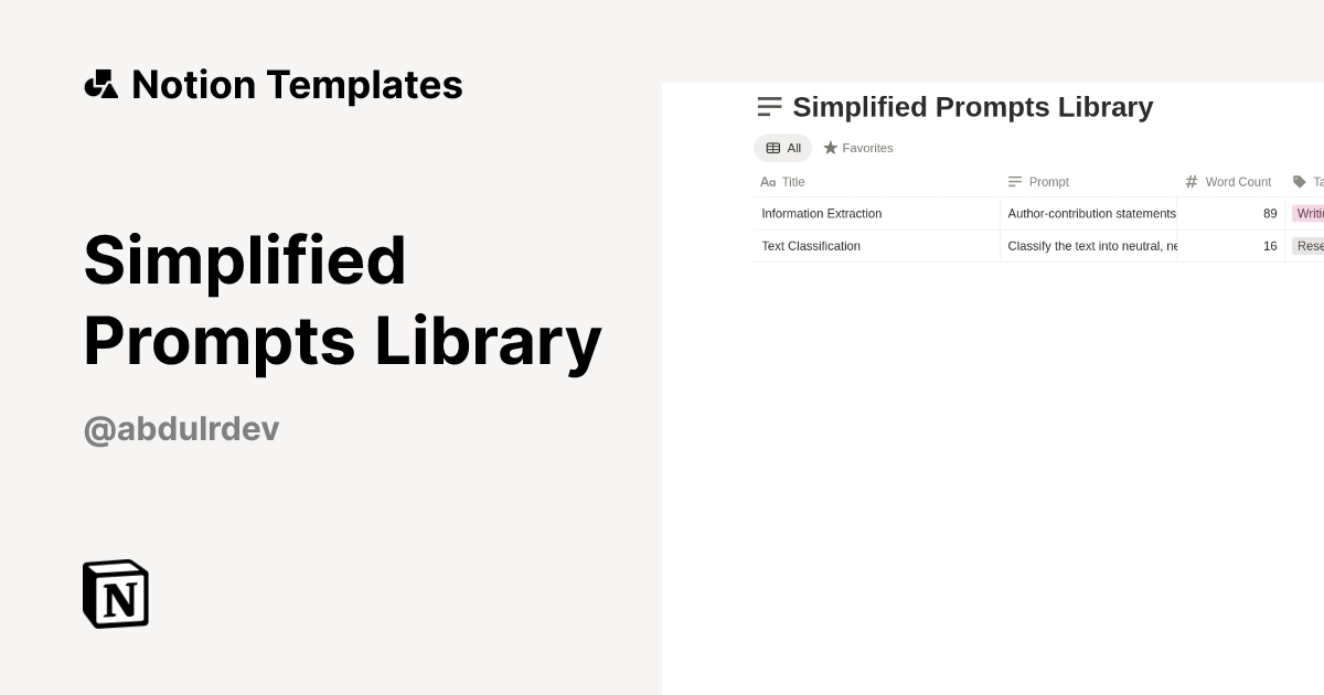 Simplified Prompts Library Template | Notion Marketplace