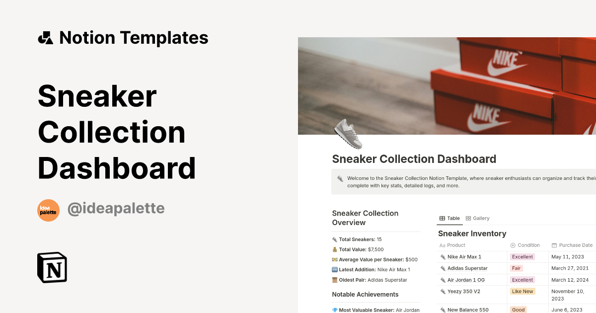 Sneaker Collection Dashboard Template by Idea Palette Notion