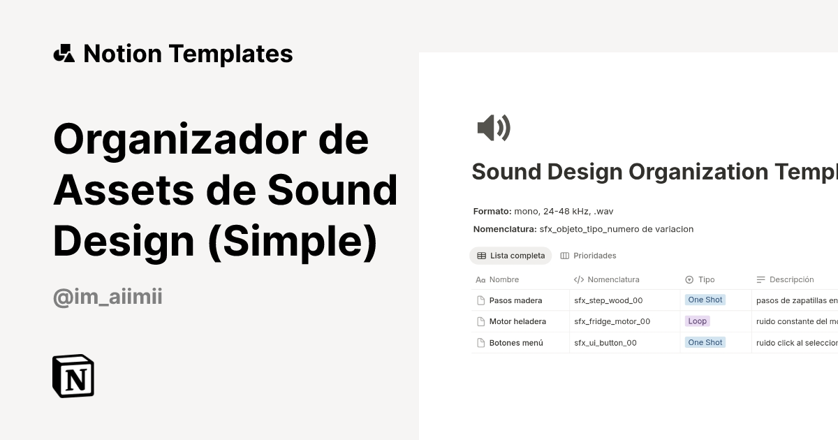 Organizador de Assets de Sound Design (Simple) Template | Notion ...