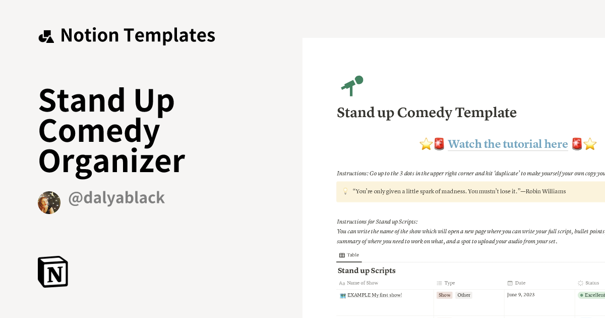 Stand Up Comedy Organizer Template | Notion Marketplace