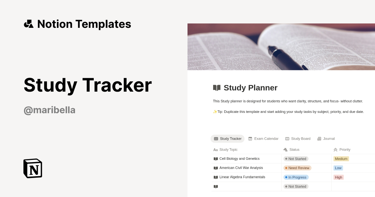 Study Tracker Template by MariBella | Notion Marketplace