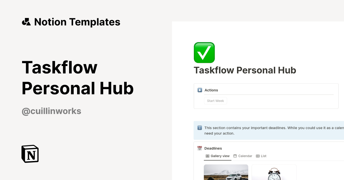 Taskflow Personal Hub Template by Cuillin Works | Notion Marketplace