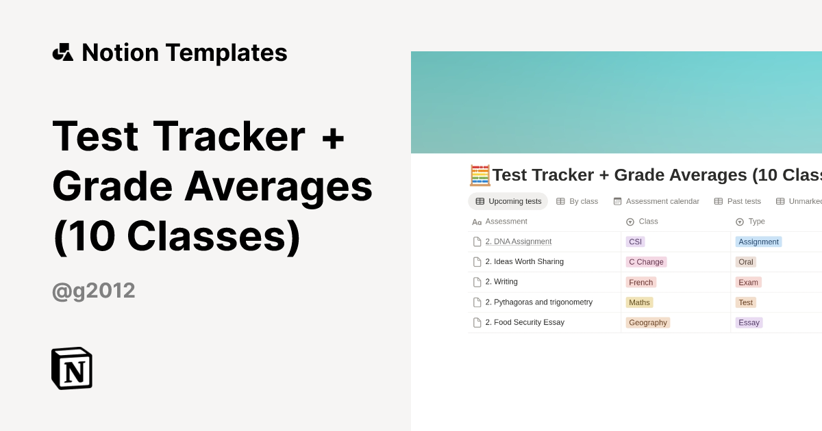 Test Tracker + Grade Averages (10 Classes) Template | Notion Marketplace