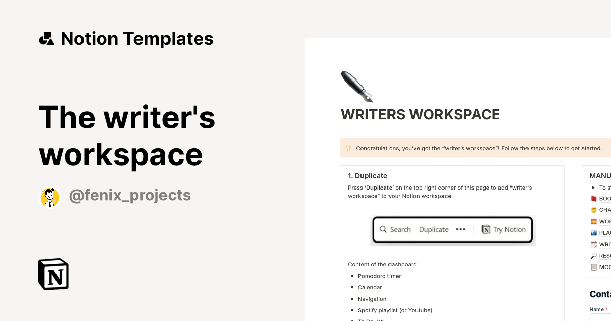 The writer's workspace Template by Fenix Projects | Notion Marketplace
