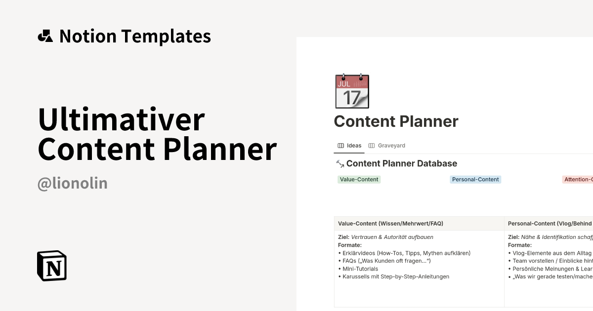 Ultimativer Content Planner Template by Lionolin | Notion Marketplace