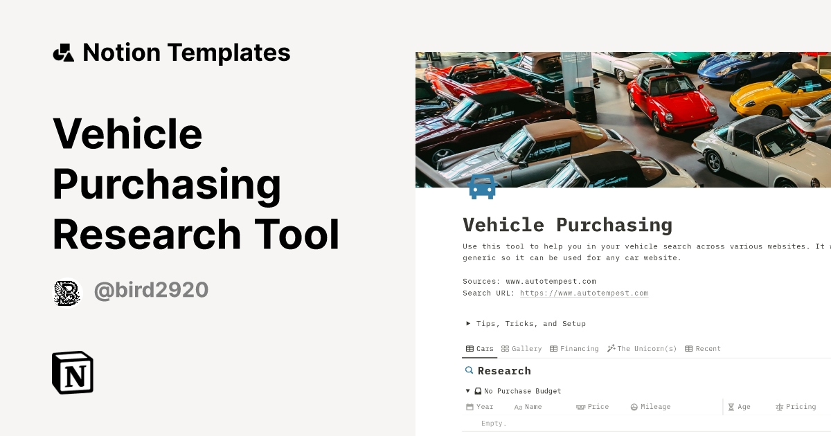 Vehicle Purchasing Research Tool Template by Richard B Notion Marketplace