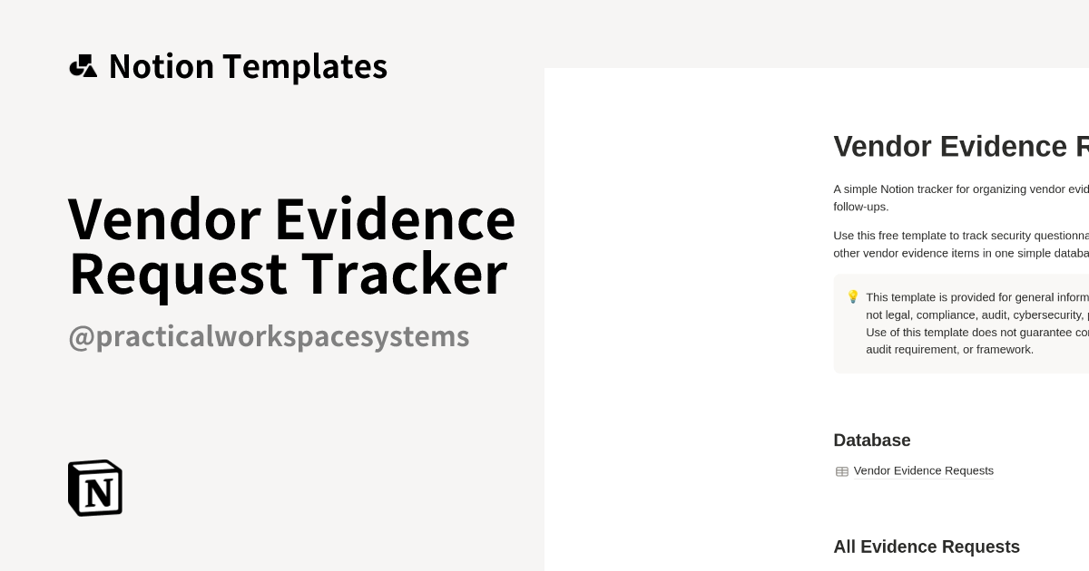 Vendor Evidence Request Tracker Template by Practical Workspace Systems ...