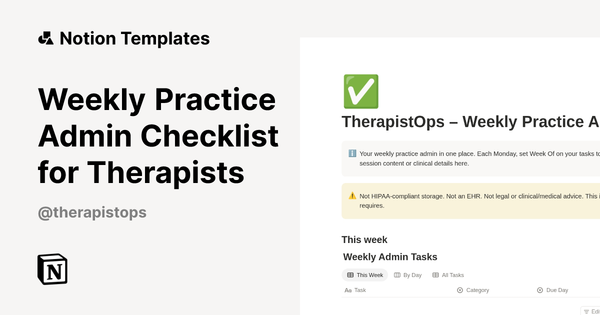 Weekly Practice Admin Checklist for Therapists Template | Notion ...