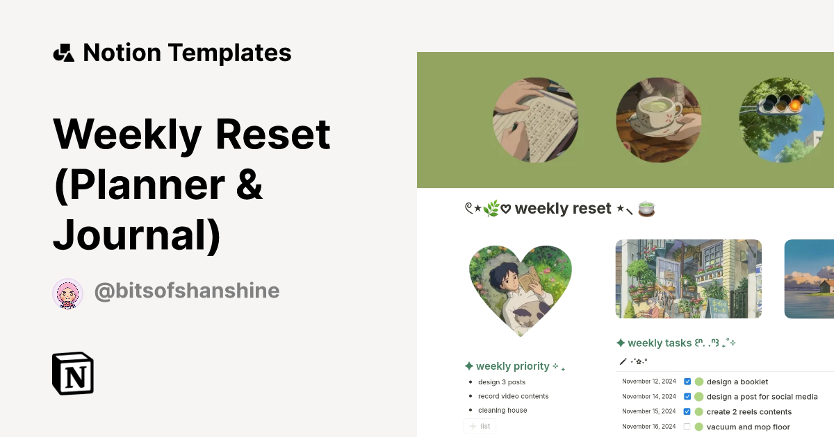 Weekly Reset (Planner Journal) Template by bits of shanshine Notion