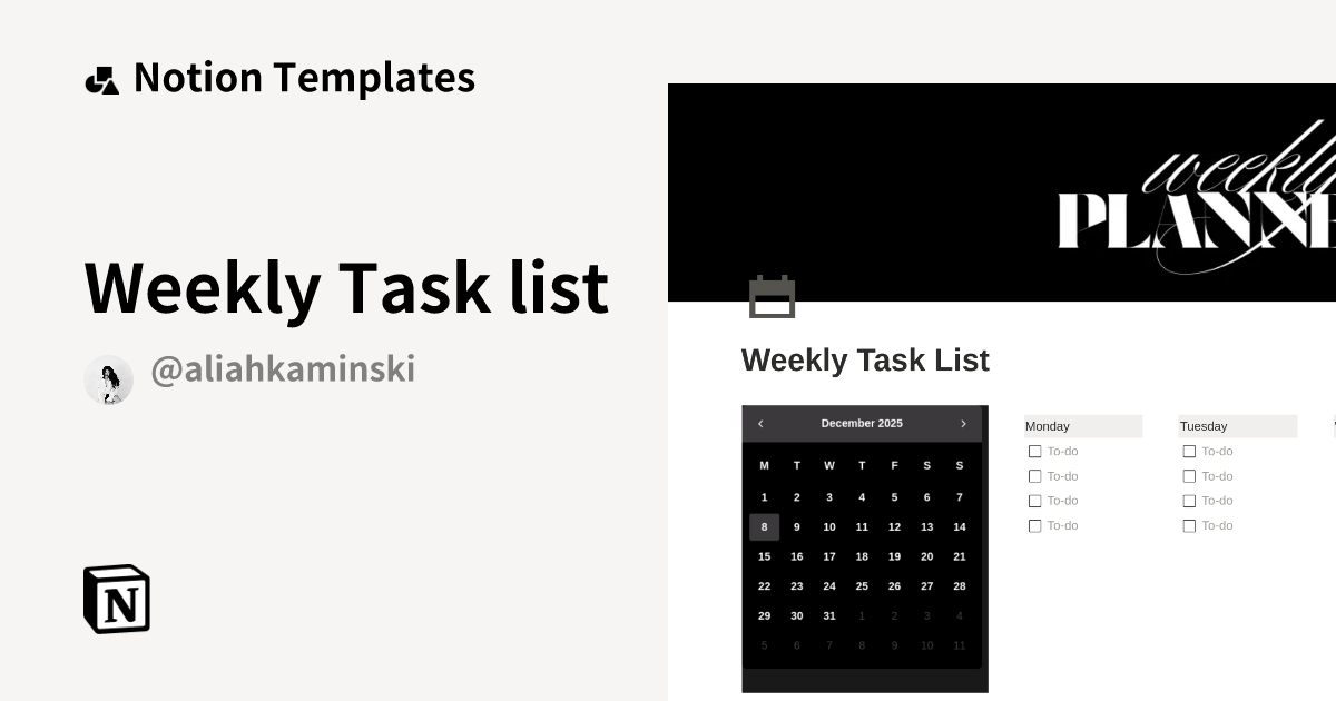 Weekly Task list Template | Notion Marketplace